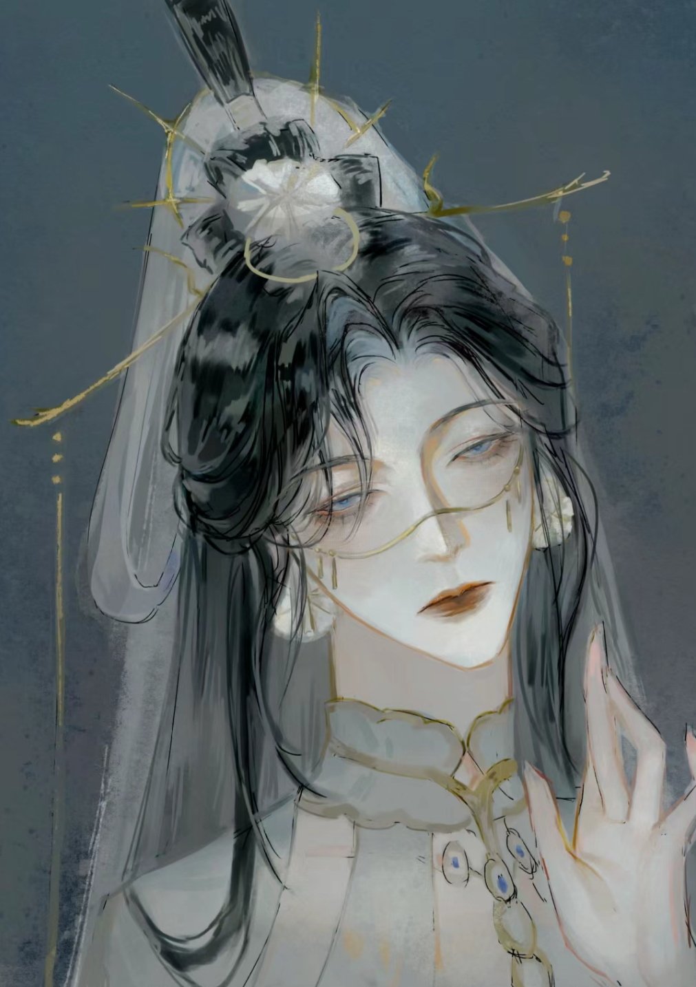 1girl, :|, black_hair, blue_eyes, closed_mouth, code:_kite, expressionless, head_tilt, high_ponytail, highres, looking_at_viewer, nagi_reooo, solo, upper_body, zhang_kai_(code:_kite)