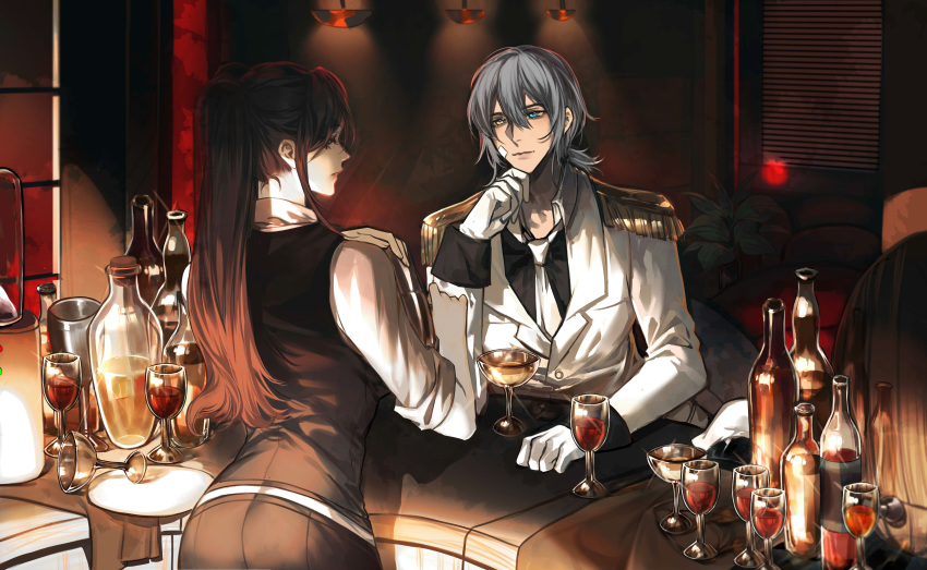1boy, 1girl, absurdres, alcohol, alternate_costume, artist_self-insert, bandaid, bandaid_on_face, bar_(place), bartender, black_eyes, black_hair, black_shirt, blue_eyes, bottle, chinese_commentary, collared_shirt, commentary, counter, cup, curtains, drinking_glass, epaulettes, gloves, grey_hair, hair_between_eyes, hat, hejiu, hejiu_(hejiu), heterochromia, highres, indoors, jacket, long_hair, looking_at_viewer, looking_back, loose_necktie, medium_hair, mixing, necktie, plant, ponytail, potted_plant, punishing:_gray_raven, red_curtains, red_sky, red_wine, shirt, sky, sleeves_rolled_up, towel, unworn_headwear, waistcoat, watanabe_(punishing:_gray_raven), white_gloves, white_jacket, white_necktie, white_shirt, white_wine, window, window_blinds, wine, wine_bottle, wine_glass, wrist_cuffs, yellow_eyes