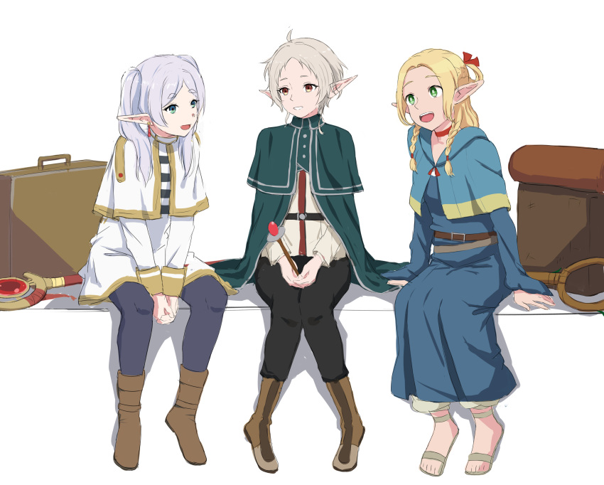 3girls, :d, absurdres, arm_support, backpack, bag, between_legs, black_pants