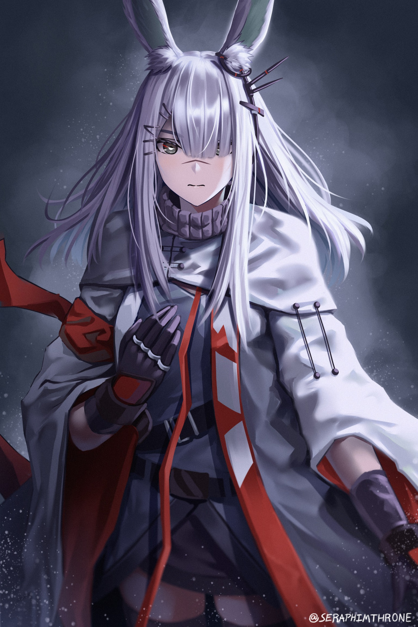 1girl, animal_ear_fluff, animal_ears, arknights, black_gloves, black_shorts, black_thighhighs, coat