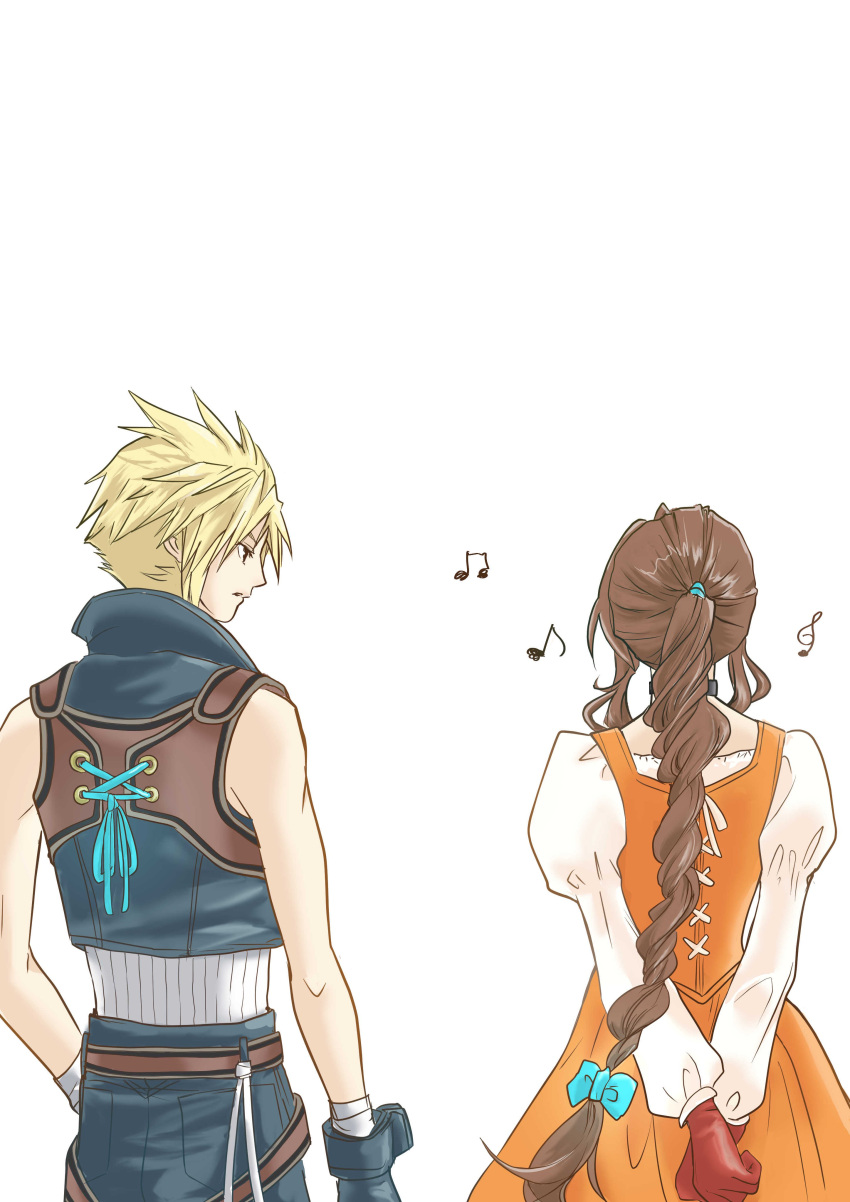 1boy, 1girl, absurdres, aqua_ribbon, arms_behind_back, black_choker, blonde_hair, blue_gloves