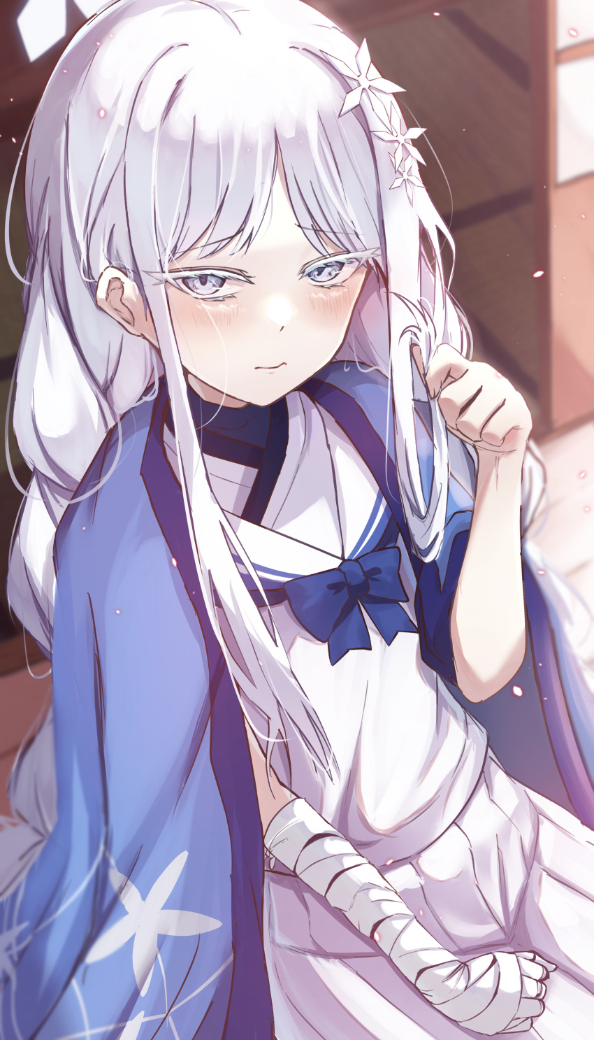1girl, absurdres, bandaged_arm, bandages, blue_archive, blush, closed_mouth, colored_eyelashes