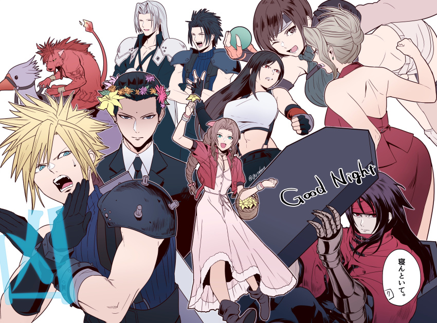 4girls, 6+boys, abs, absurdres, aerith_gainsborough, armor, backless_dress, backless_outfit