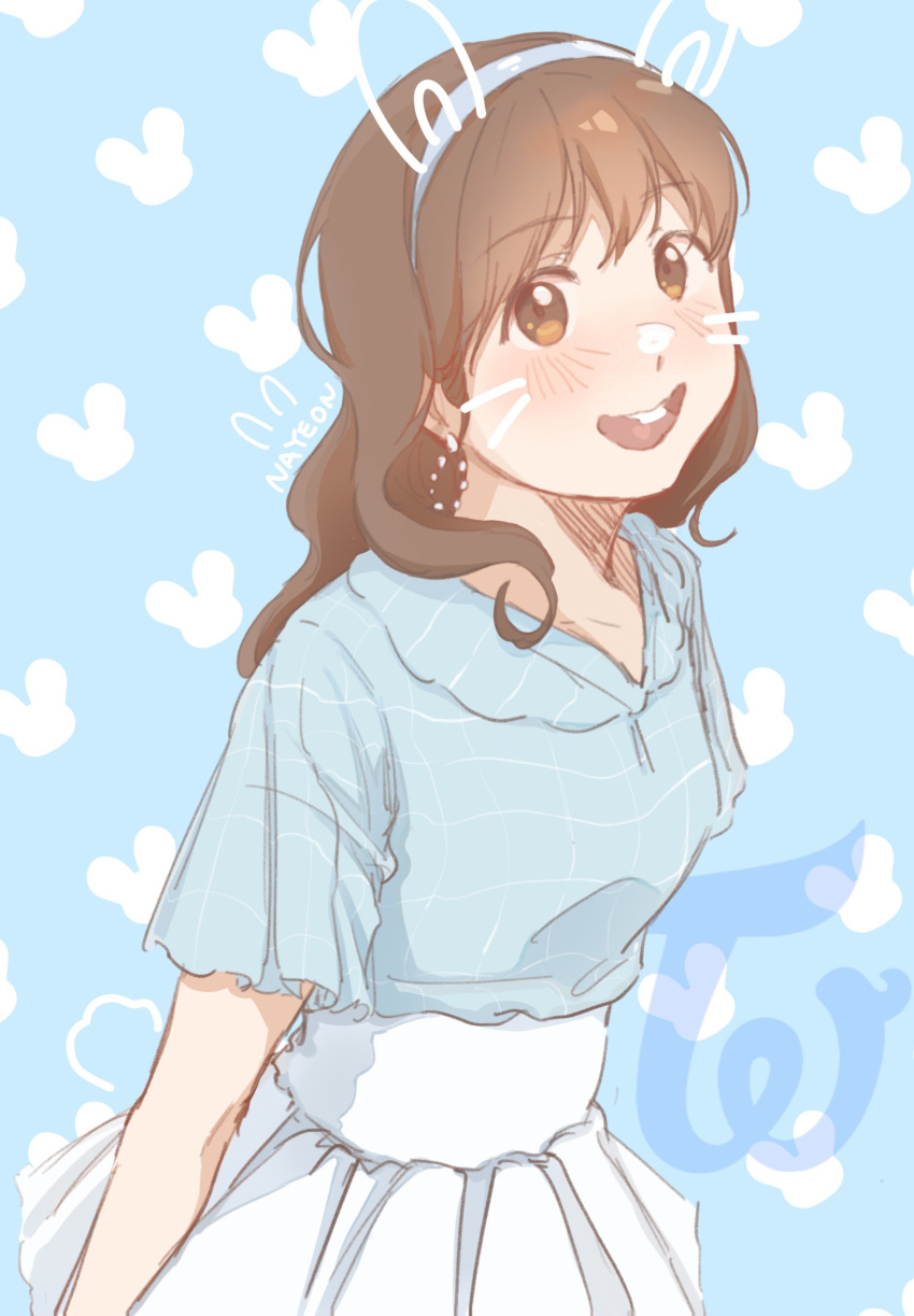 1girl, animification, blue_background, blue_hairband, blue_shirt, blush, brown_eyes, brown_hair