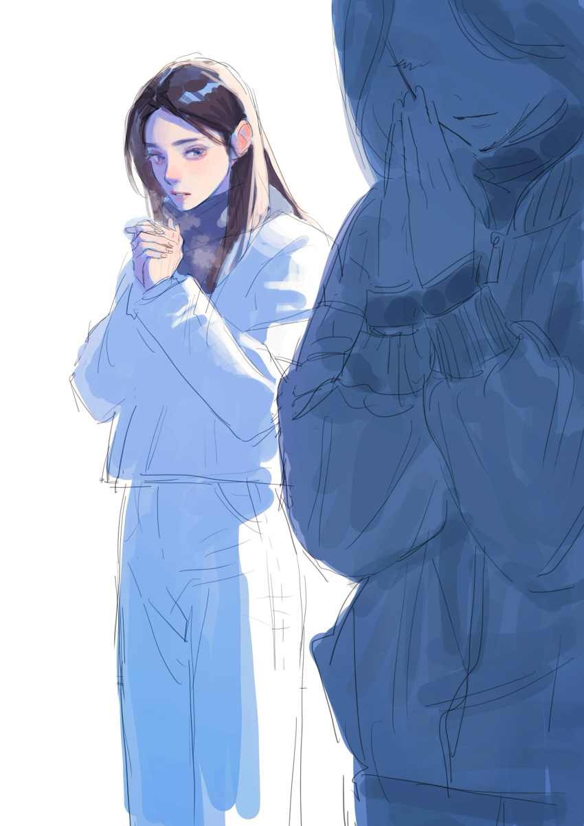 2girls, absurdres, black_hair, blue_eyes, breath, closed_eyes, grey_scarf, hair_behind_ear