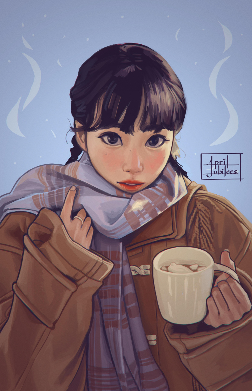 1girl, absurdres, april_jubilees, artist_name, black_eyes, blue_scarf, blush, braid