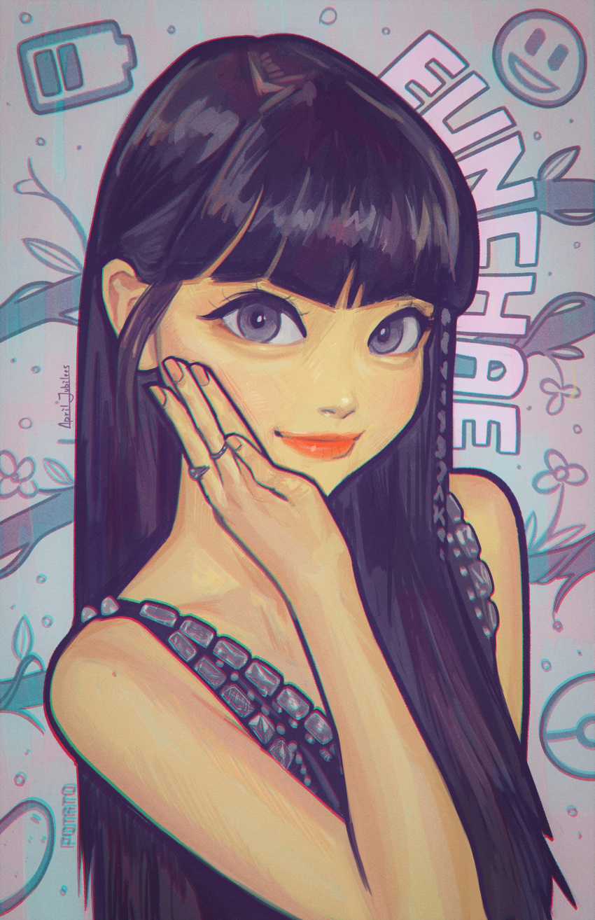 1girl, absurdres, april_jubilees, artist_name, battery_indicator, black_dress, character_name, dress