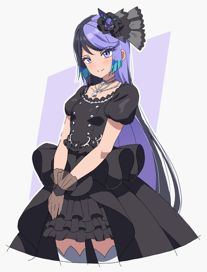 1girl, alternate_costume, black_dress, black_gloves, black_hair, blue_hair, breasts, carron_(waccha_primagi!)