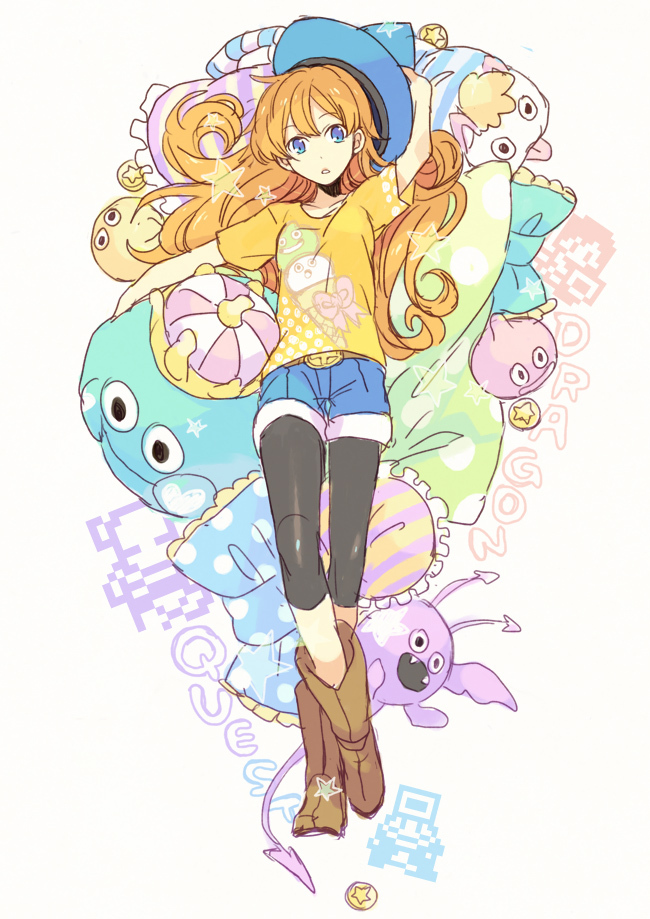 belt, blue_eyes, boots, curly_hair, denim, denim_shorts, dragon_quest, dragon_quest_iv