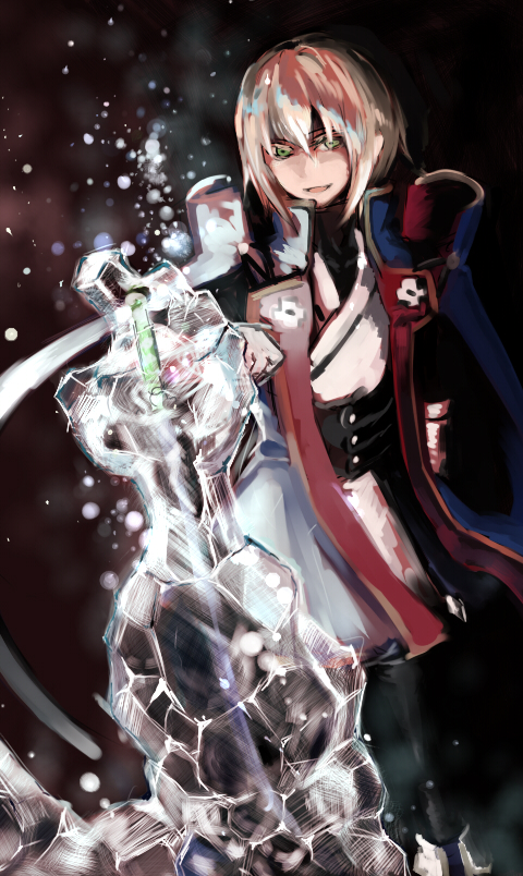 aya_(min412), bad_id, blazblue, blonde_hair, green_eyes, ice, jin_kisaragi, male