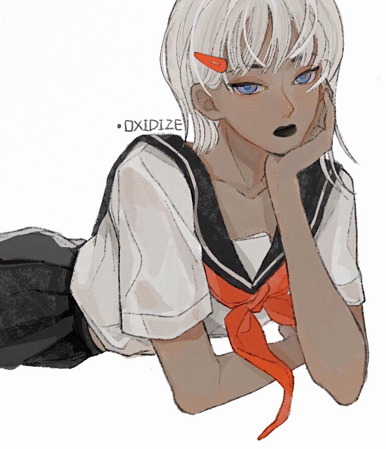 1girl, artist_name, black_lips, black_sailor_collar, black_skirt, blue_eyes, chinese_commentary, closed_mouth