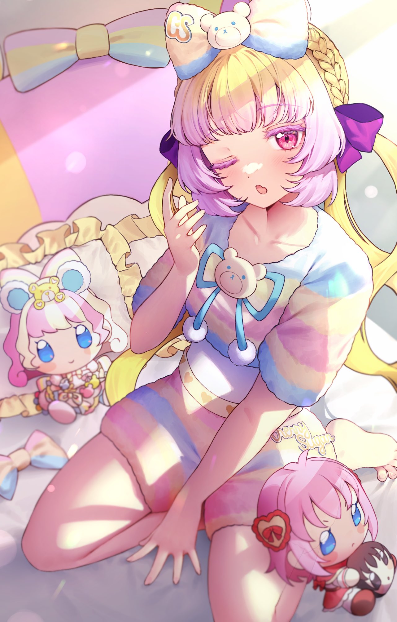 1girl, amauri_miruki, amauri_miruki_(primagista), barefoot, between_legs, blonde_hair, blue_eyes, blue_ribbon