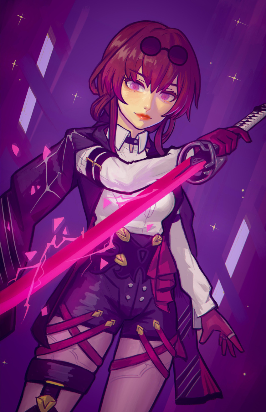 1girl, absurdres, april_jubilees, black_jacket, black_shorts, black_thighhighs, breasts, collared_shirt, english_commentary, eyewear_on_head, gloves, high-waist_shorts, highres, holding, holding_sword, holding_weapon, honkai:_star_rail, honkai_(series), jacket, jacket_on_shoulders, jewelry, kafka_(honkai:_star_rail), katana, light_smile, medium_breasts, purple_gloves, purple_hair, red_lips, ring, round_eyewear, shirt, shorts, single_thighhigh, smile, solo, sparkle, sunglasses, sword, thigh-highs, violet_eyes, weapon, white_shirt