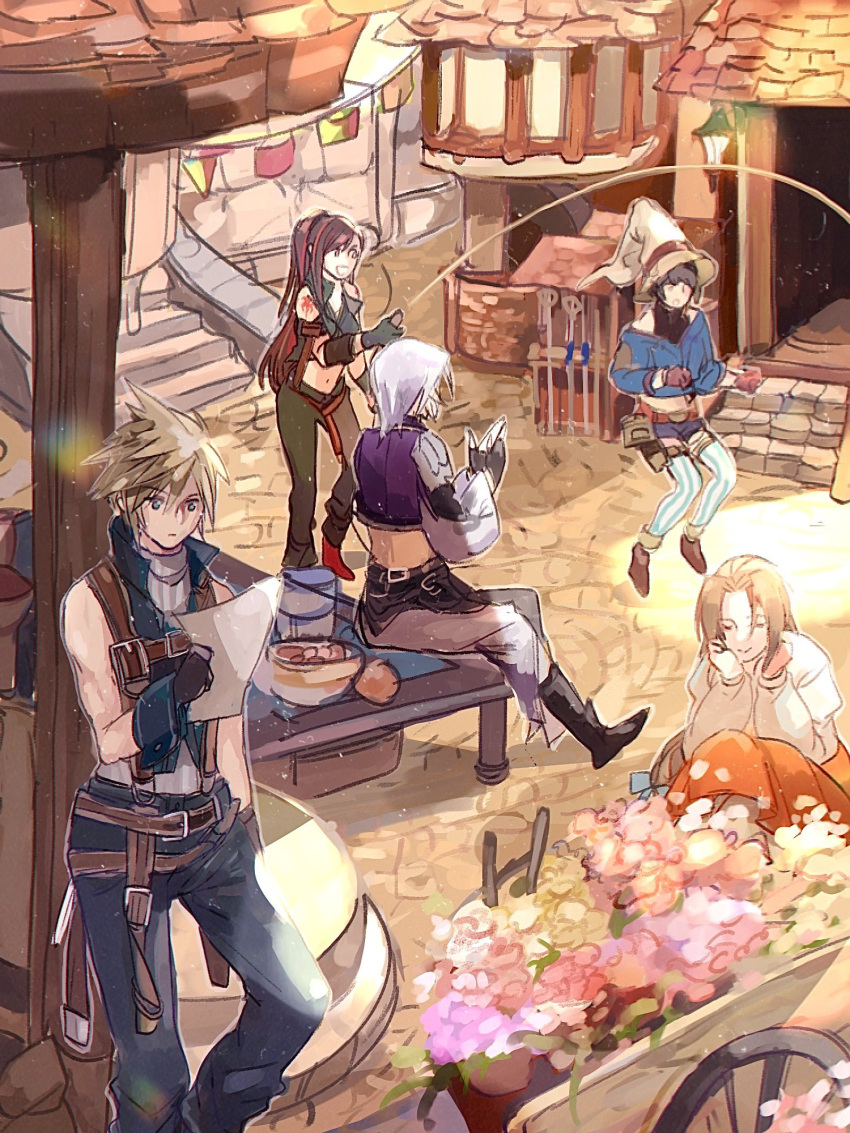 2boys, 3girls, aerith_gainsborough, arm_belt, bare_shoulders, black_footwear, black_gloves, black_hair, black_shirt, blonde_hair, blue_coat, blue_pants, blue_vest, bombyxmori_ckr, boots, brown_hair, closed_eyes, cloud_strife, coat, cosplay, cropped_jacket, crossover, dreadlocks, dress, feet_out_of_frame, final_fantasy, final_fantasy_ix, final_fantasy_vii, final_fantasy_vii_ever_crisis, flower, garnet_til_alexandros_xvii, garnet_til_alexandros_xvii_(cosplay), gloves, green_pants, green_vest, grey_hair, grey_pants, halter_shirt, halterneck, hat, head_on_hand, highres, holding, holding_paper, jump_rope, jumping, kuja, kuja_(cosplay), leaning, long_sleeves, lucia_lin, midriff, multicolored_hair, multiple_boys, multiple_girls, navel, off-shoulder_coat, off_shoulder, official_alternate_costume, open_mouth, orange_dress, pants, paper, popped_collar, puffy_long_sleeves, puffy_sleeves, purple_vest, redhead, salamander_coral, salamander_coral_(cosplay), sephiroth, shirt, shoulder_tattoo, sitting, sleeveless, sleeveless_turtleneck, smile, squatting, standing, streaked_hair, striped, striped_thighhighs, sweater, tattoo, thigh-highs, tifa_lockhart, town, turtleneck, vest, vivi_ornitier, vivi_ornitier_(cosplay), wagon, white_shirt, white_sweater, wizard_hat, wrist_cuffs, zidane_tribal, zidane_tribal_(cosplay)