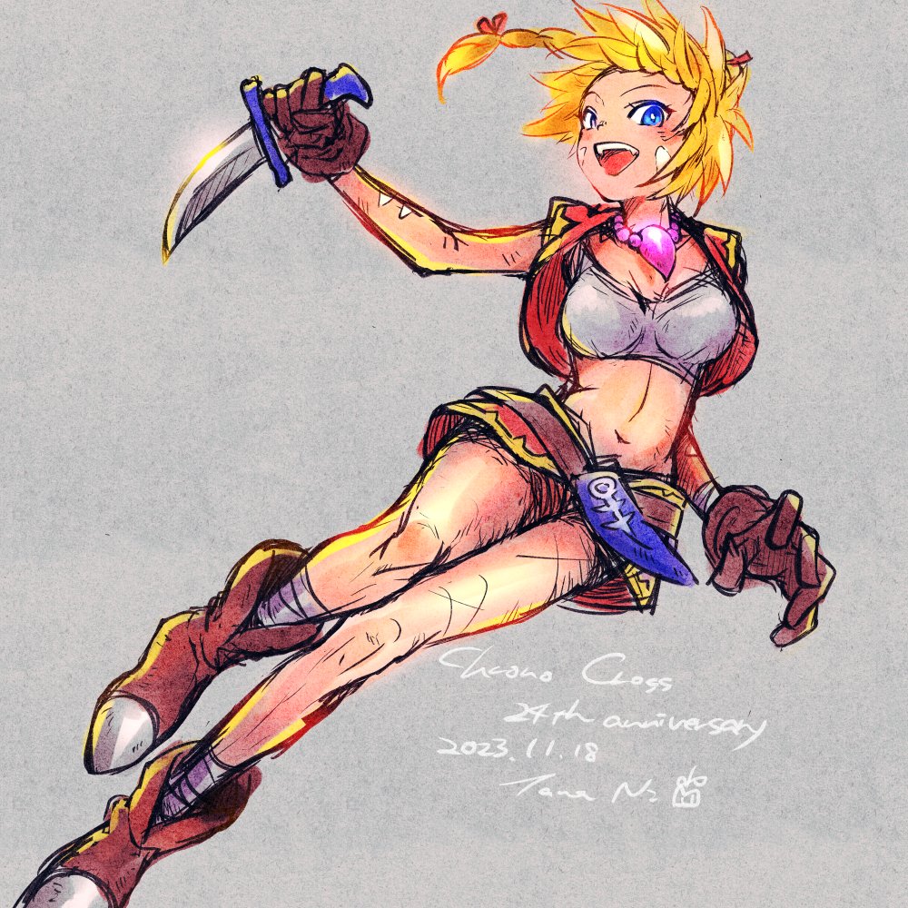 1girl, anniversary, belt, blue_eyes, bodypaint, boots, breasts, brown_belt, brown_footwear, brown_gloves, chrono_cross, crop_top, cropped_jacket, dagger, dated, facepaint, full_body, gloves, gold_trim, grey_background, hair_ribbon, holding, holding_dagger, holding_knife, holding_weapon, jacket, kid_(chrono_cross), knife, looking_at_viewer, medium_breasts, midriff, miniskirt, multi-tied_hair, navel, nishioki_tama, open_mouth, ponytail, red_jacket, red_ribbon, red_skirt, ribbon, sheath, shirt, short_sleeves, skirt, smile, solo, steel-toe_boots, weapon, white_shirt