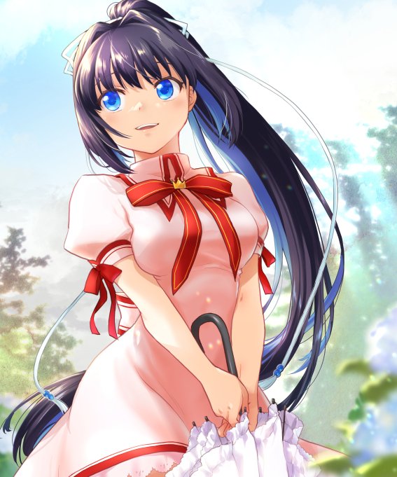 black_hair, blue_eyes, blue_sky, closed_umbrella, clouds, crown_ornament, day, dress