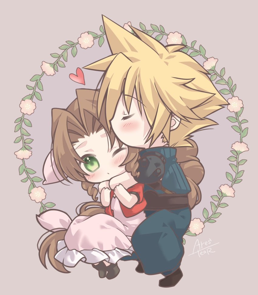 1boy, 1girl, aerith_gainsborough, arestear0701, armor, arms_around_neck, baggy_pants, belt