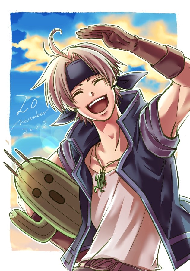 1boy, ayana_(iqaw5cfohvdtver), belt, black_headband, black_vest, border, brown_belt, brown_gloves, closed_eyes, clouds, cloudy_sky, dated, earrings, final_fantasy, final_fantasy_vi, gloves, grey_hair, happy_birthday, headband, jewelry, locke_cole, male_focus, necklace, open_mouth, outdoors, parted_bangs, sabotender, shirt, short_hair, sky, smile, solo, upper_body, vest, waving, white_border, white_shirt