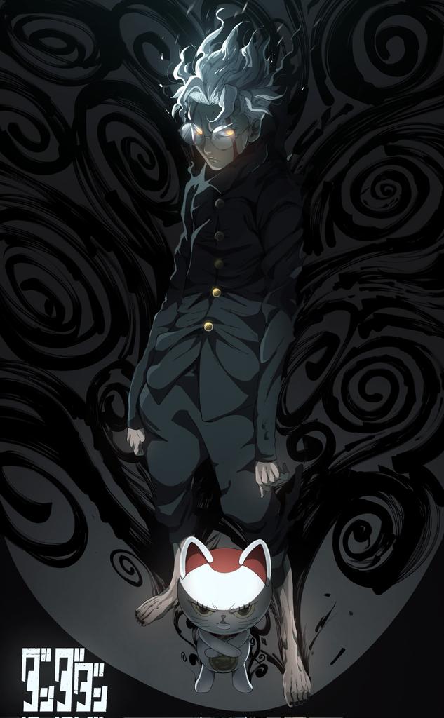 1boy, barefoot, blood, blood_on_face, cat, commentary, copyright_name, dandadan, danlc2001, dark_background, english_commentary, facial_mark, gakuran, glasses, glowing, glowing_eyes, hair_slicked_back, looking_at_viewer, round_eyewear, school_uniform, serious, short_hair, standing, takakura_ken_(dandadan), turbo_granny, white_hair