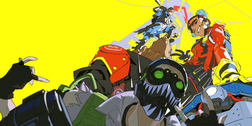 1boy, 2girls, absurdres, apex_legends, bangalore_(apex_legends), from_below, globes, gun