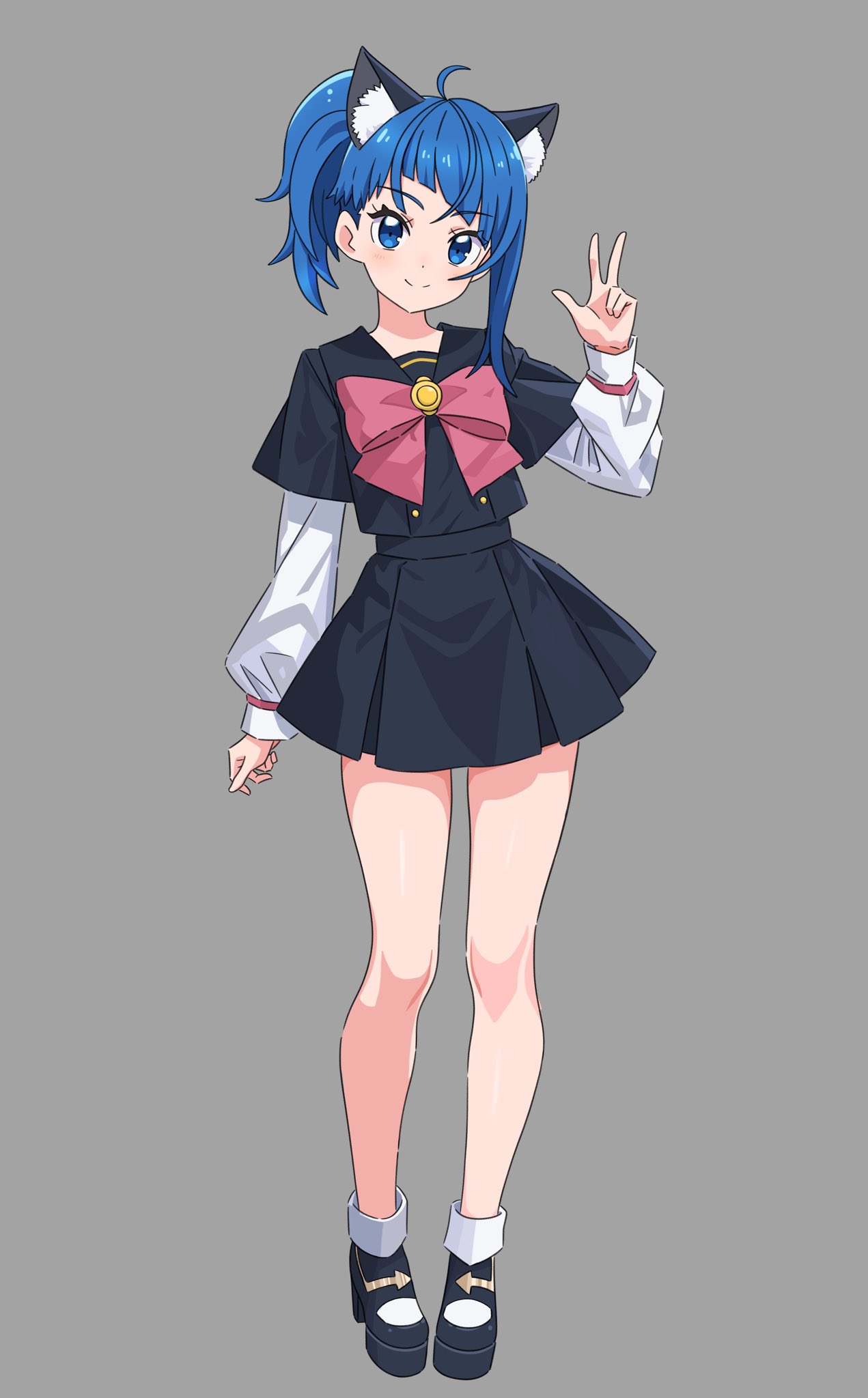 1girl, ahoge, animal_ear_fluff, animal_ears, black_footwear, black_shirt, black_skirt, blue_eyes
