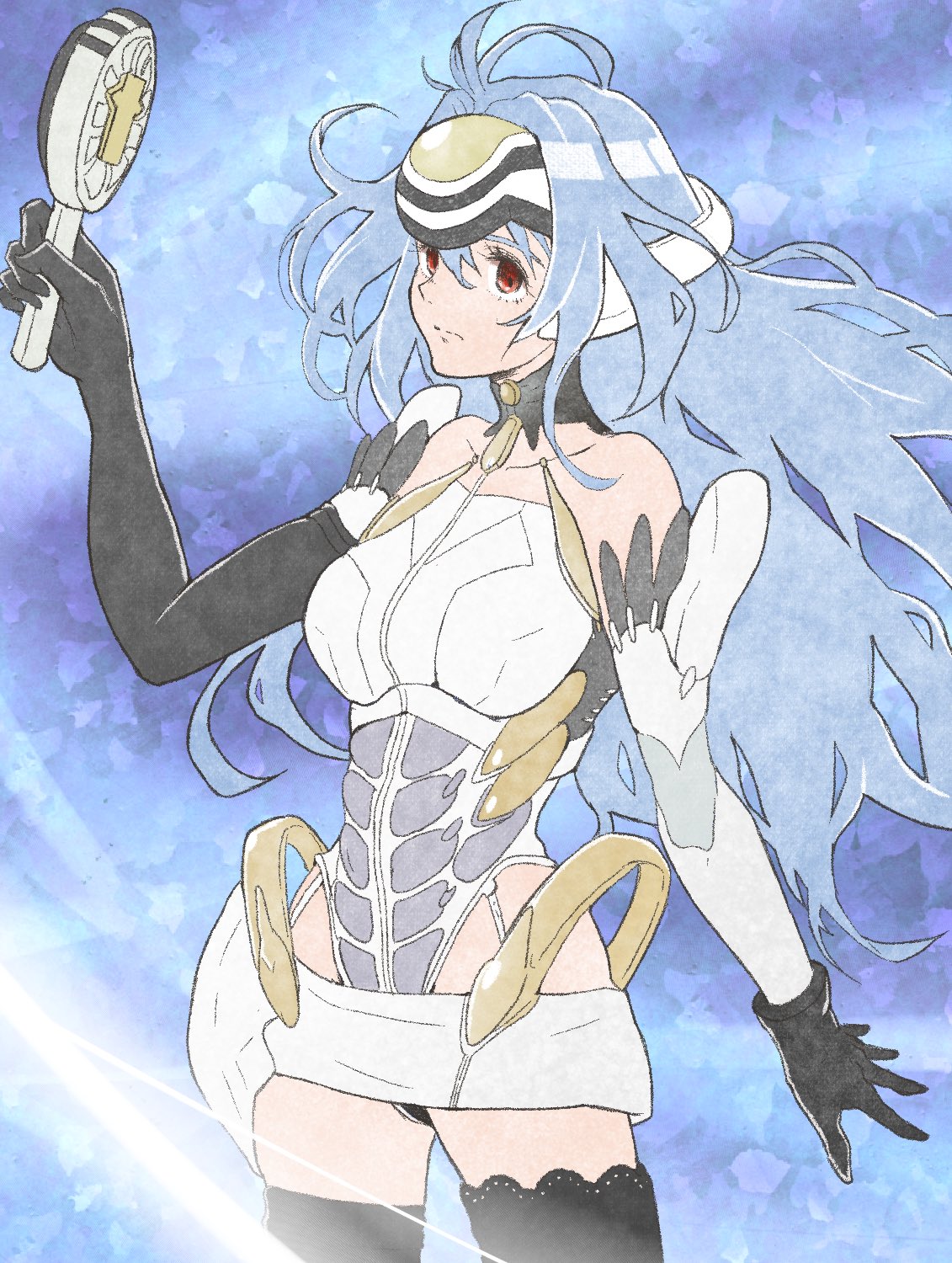 1girl, android, asymmetrical_legwear, bare_shoulders, black_choker, black_garter, black_gloves, blue_background