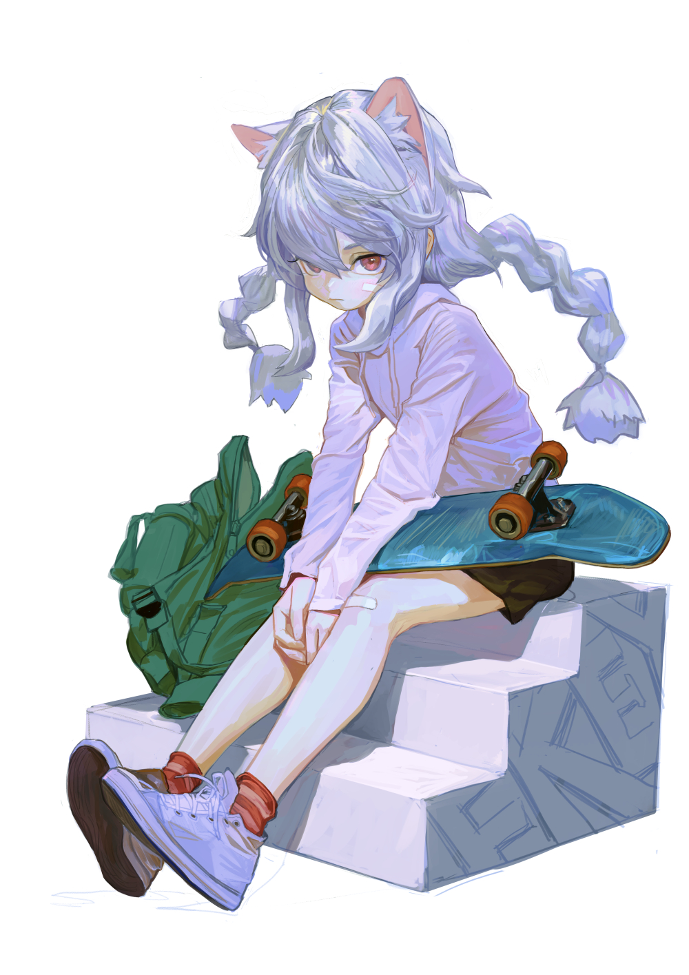 1girl, animal_ears, backpack, bag, bandaid, bandaid_on_face, bandaid_on_knee, bandaid_on_leg
