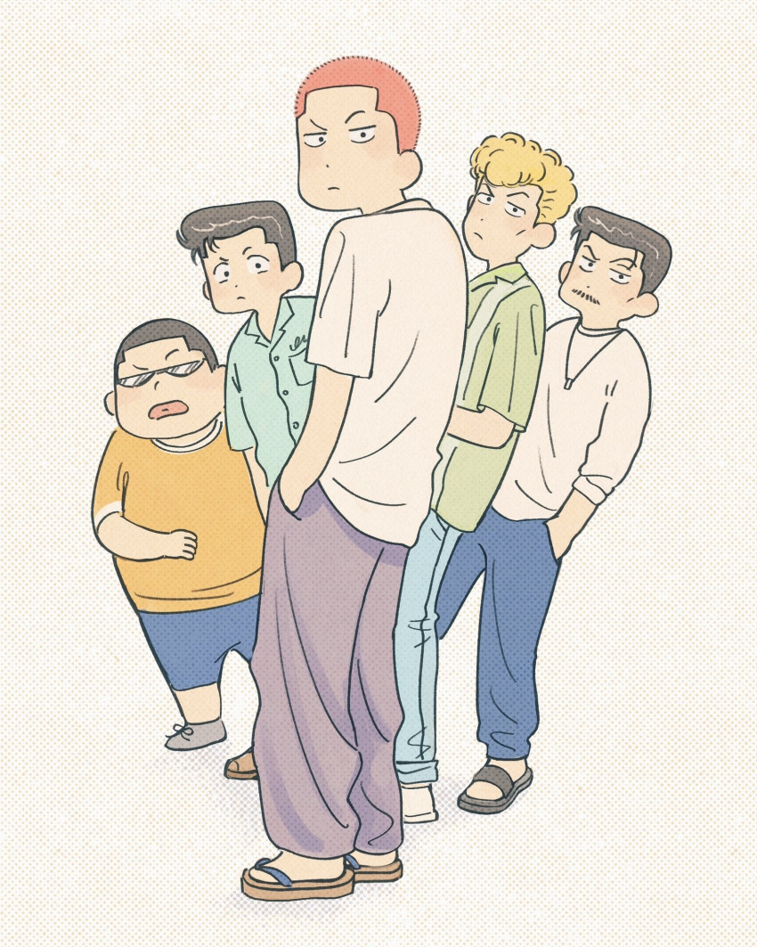 5boys, aqua_shirt, black_eyes, black_hair, blonde_hair, blue_pants, blue_shorts, brown_hair, buzz_cut, closed_mouth, full_body, green_shirt, hanami7kawa11, hands_in_pockets, highres, jewelry, long_sleeves, looking_at_viewer, male_focus, mito_youhei, multiple_boys, necklace, noma_chuuichirou, ookusu_yuuji, orange_shirt, pants, pompadour, purple_pants, redhead, sakuragi_hanamichi, sandals, shirt, short_hair, shorts, simple_background, slam_dunk_(series), sunglasses, takamiya_nozomi, very_short_hair, white_shirt, yellow_background