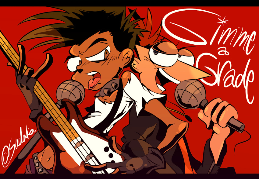2boys, artist_name, baljeet_tjinder, black_hair, choker, dark-skinned_female, dark_skin, electric_guitar