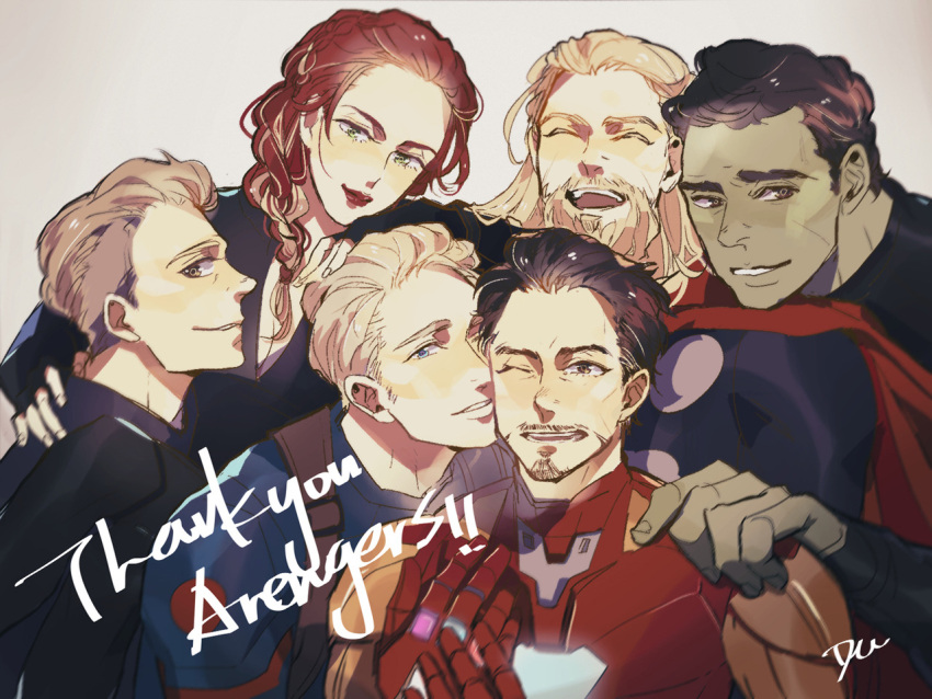 1girl, 5boys, arc_reactor, armor, avengers:_endgame, avengers_(series), beard, black_armor, black_bodysuit, black_gloves, black_hair, black_shirt, black_widow, blonde_hair, blue_bodysuit, blue_eyes, blush, bodysuit, braid, breasts, brown_eyes, cape, captain_america, clint_barton, closed_eyes, closed_mouth, colored_skin, crossed_legs, english_text, facial_hair, fingerless_gloves, fingernails, from_side, full_armor, gloves, gradient_hair, green_eyes, green_skin, grey_background, hair_ornament, hand_on_another's_head, hand_on_another's_shoulder, hand_up, hands_up, hawkeye_(marvel), hulk, iron_man, light_brown_hair, lips, long_hair, looking_at_viewer, makeup, marvel, marvel_cinematic_universe, medium_breasts, minihardee, multicolored_armor, multicolored_hair, multiple_boys, natasha_romanoff, one_eye_closed, open_mouth, power_armor, purple_shirt, red_armor, red_cape, red_lips, redhead, shirt, short_hair, simple_background, sitting, smile, standing, steve_rogers, teeth, thor_(marvel), tongue, tony_stark, yellow_armor