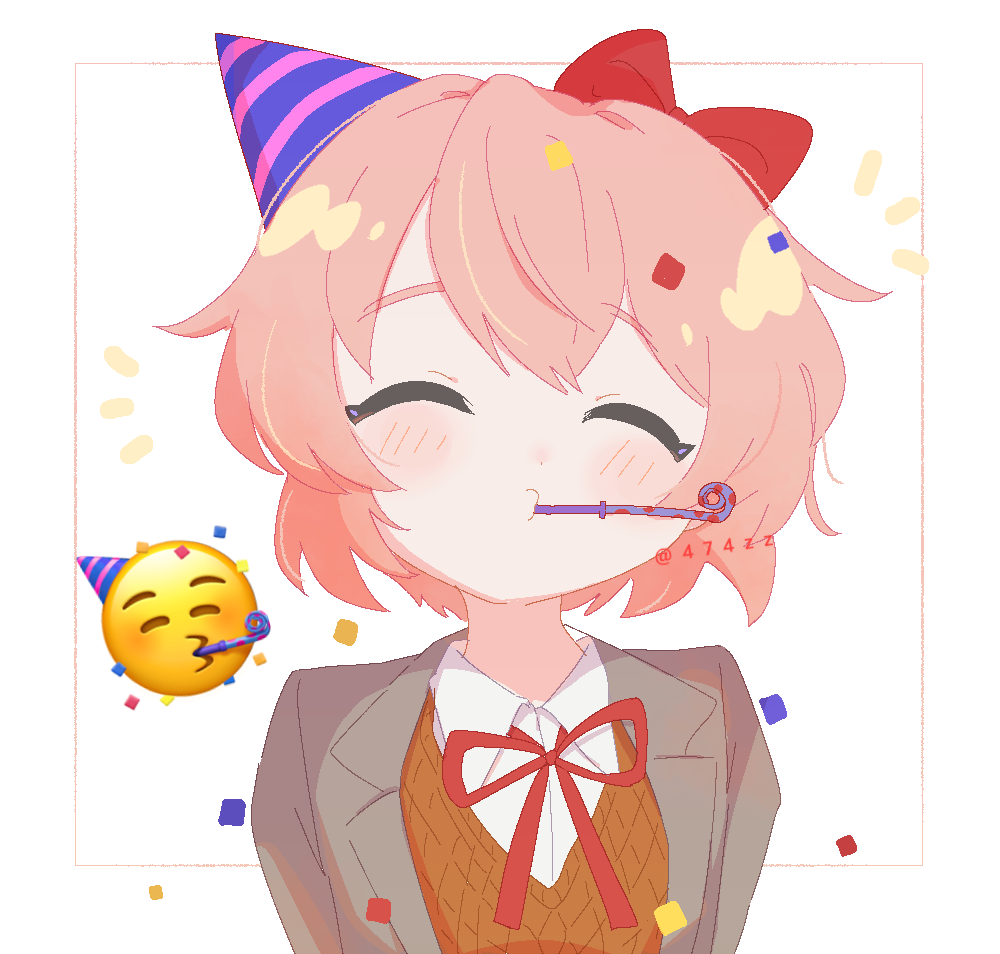 1girl, ^3^, ^_^, anzen_robo_(474zz), artist_name, blush, bow, brown_hair, brown_sweater_vest, closed_eyes, closed_mouth, collared_shirt, commentary, confetti, doki_doki_literature_club, emoji, grey_jacket, hair_between_eyes, hair_bow, hat, jacket, lapels, mouth_hold, neck_ribbon, notice_lines, open_clothes, open_jacket, party_hat, party_horn, purple_headwear, red_bow, red_ribbon, ribbon, sayori_(doki_doki_literature_club), school_uniform, shirt, short_hair, sidelocks, simple_background, solo, sweater_vest, tilted_headwear, twitter_username, upper_body, white_background, white_shirt, wing_collar