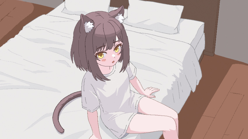 1girl, animal_ear_fluff, animal_ears, bed, brown_hair, cat_ears, cat_girl, cat_tail, gori_wakamaru, highres, no_pants, on_bed, open_mouth, original, pillow, pixel_art, shirt, short_hair, short_sleeves, sitting, tail, white_shirt, yellow_eyes