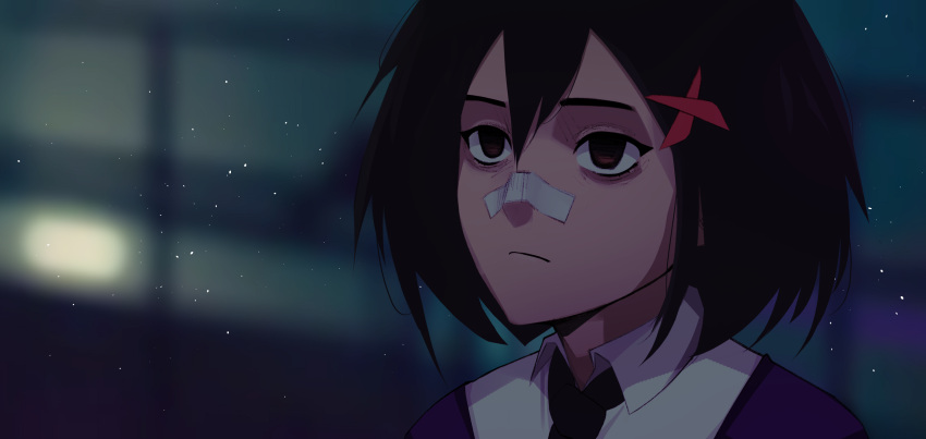 1girl, absurdres, bags_under_eyes, bandaid, bandaid_on_face, bandaid_on_nose, black_hair, blade_runner_2049, blurry, blurry_background, brown_eyes, commentary, cosplay, empty_eyes, english_commentary, hair_between_eyes, hair_ribbon, highres, inuarts, k_(blade_runner_2049), k_(blade_runner_2049)_(cosplay), marvel, movie_reference, necktie, parody, peni_parker, ribbon, scene_reference, school_uniform, short_hair, solo, spider-man:_into_the_spider-verse, spider-man_(series), spider-verse, sweater_vest