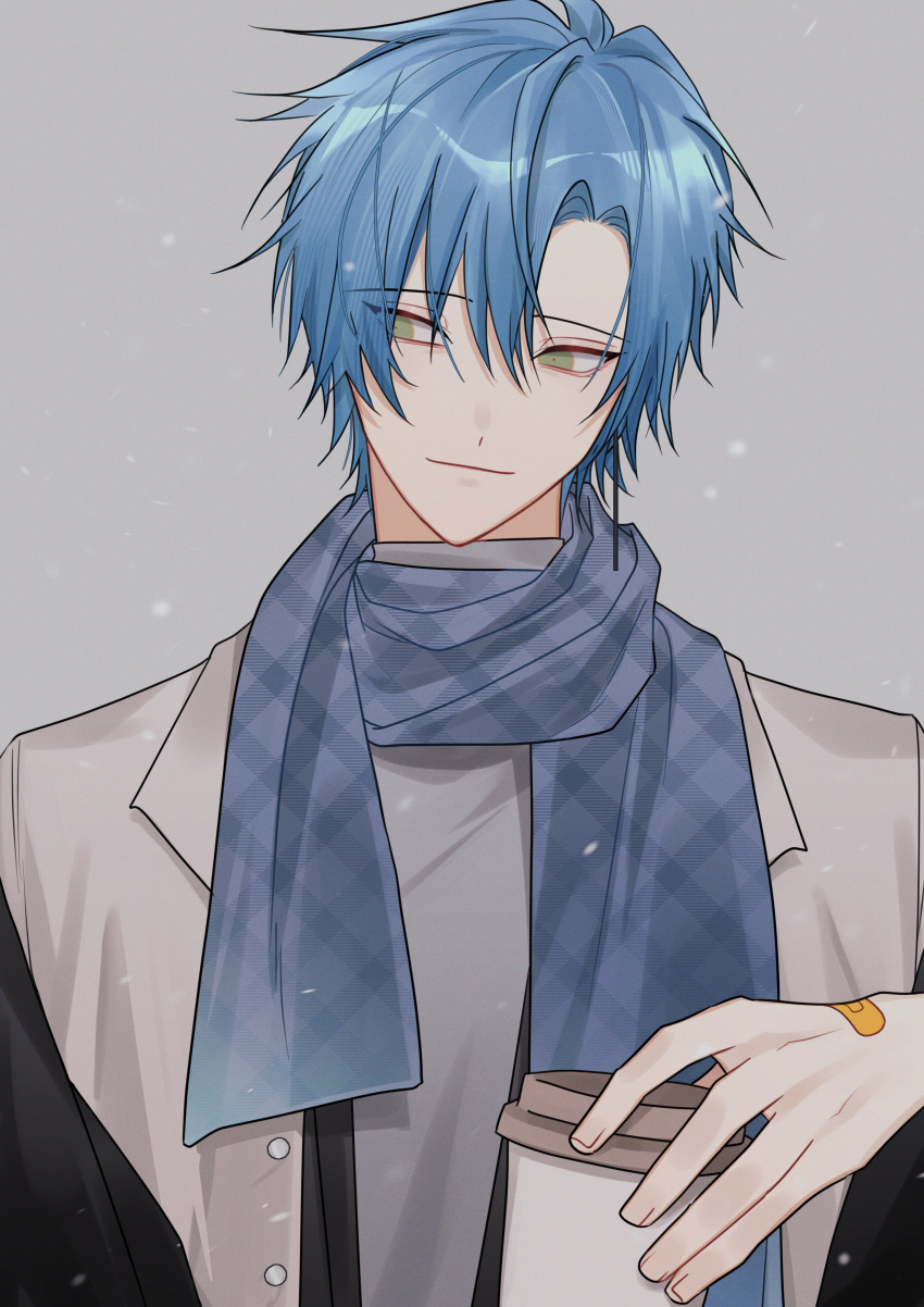 1boy, absurdres, bandaid, bandaid_on_hand, blue_hair, blue_scarf, closed_mouth, coffee_cup
