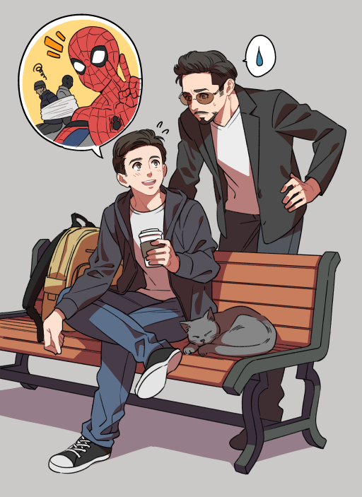 4boys, animal, animal_ears, animal_print, back-to-back, bag, bench, black_coat