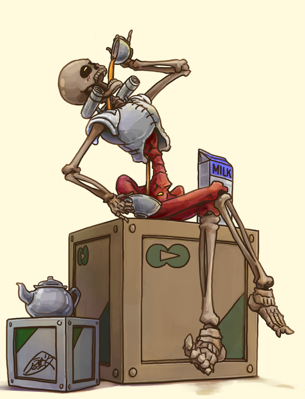 1other, blush, commentary_request, crate, crossed_legs, cup, doom_(series), drink