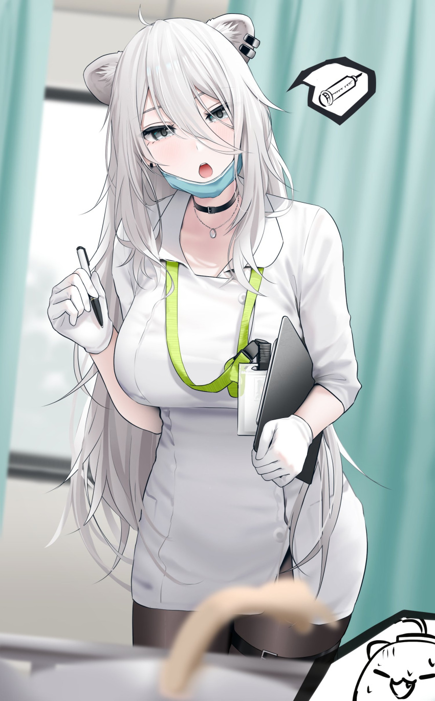 1girl, absurdres, ahoge, alternate_costume, animal_ear_fluff, animal_ear_piercing, animal_ears, black_choker, black_eyes, black_pantyhose, blurry, blurry_foreground, blush, breasts, choker, clipboard, commentary, cowboy_shot, curtains, dress, ear_piercing, expressionless, extra_ears, gloves, grey_hair, hair_between_eyes, highres, holding, holding_clipboard, holding_pen, hololive, id_card, infirmary, jewelry, lanyard, lion_ears, lion_girl, long_hair, looking_at_viewer, mask, mask_pull, mouth_mask, necklace, nurse, open_mouth, pantyhose, pen, piercing, pov, shishiro_botan, short_dress, solo, spoken_object, ssrb_(shishiro_botan), standing, surgical_mask, taut_clothes, taut_dress, thigh_strap, virtual_youtuber, wanne, white_dress, white_gloves