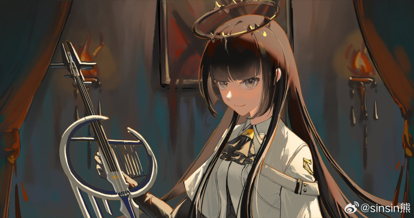 1girl, arknights, artist_name, ascot, belt, belt_buckle, black_ascot, black_bustier, black_gloves, black_halo, blunt_bangs, blurry, blurry_background, breasts, broken_halo, brown_hair, buckle, bustier, buttons, cello, chinese_commentary, chinese_text, closed_mouth, collared_jacket, commentary_request, curtains, dark_halo, depth_of_field, elbow_gloves, from_side, gloves, grey_eyes, halo, hand_up, highres, hime_cut, holding, holding_instrument, holding_violin, indoors, instrument, jacket, layered_sleeves, light_smile, long_hair, long_sleeves, looking_at_viewer, looking_to_the_side, medium_breasts, painting_(object), picture_frame, red_curtains, shade, shadow, short_over_long_sleeves, short_sleeved_jacket, short_sleeves, sidelocks, sinsin, solo, standing, straight_hair, torch, upper_body, very_long_hair, violin, virtuosa_(arknights), wall, watermark, weibo_logo, weibo_username, white_belt, white_jacket, wide_sleeves, wing_collar