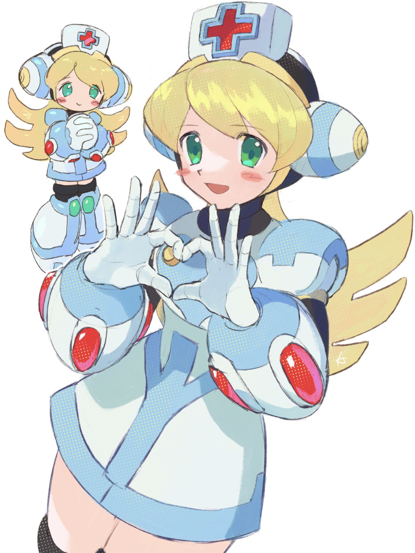 absurdres, blonde_hair, blush, blush_stickers, chibi, cinnamon_(mega_man), green_eyes, hat