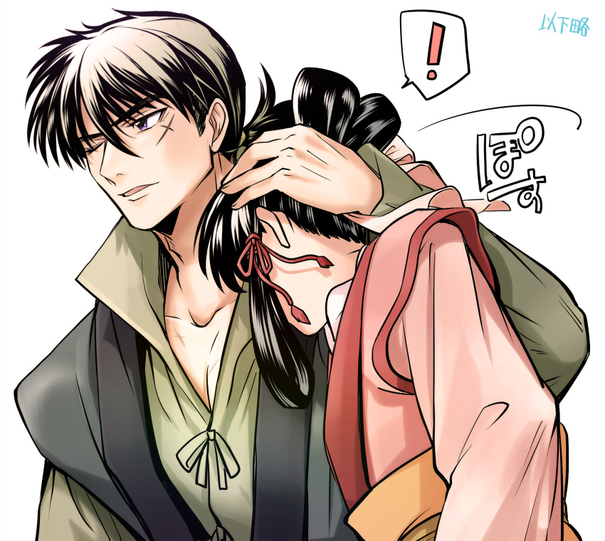 !, 1boy, 1girl, 1karyaku, black_hair, chinese_clothes, cross_scar, hair_between_eyes, hair_rings, highres, kou_shuurei, one_eye_closed, ponytail, ro_ensei, saiunkoku_monogatari, scar, scar_on_face, spoken_exclamation_mark, upper_body, white_background