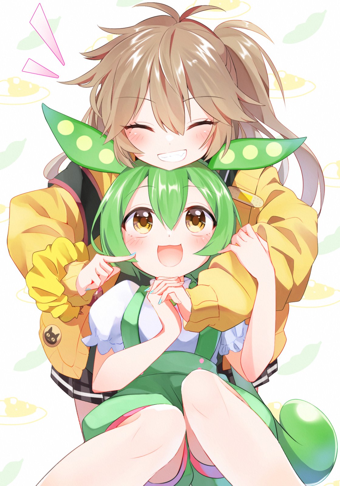 2girls, :3, antenna_hair, armband, badge, bandaid, blue_nails, blush, button_badge, cardigan, cat, closed_eyes, commentary_request, curry, curry_rice, edamame_(food), finger_to_another's_cheek, food, green_hair, green_suspenders, grin, hair_between_eyes, hand_on_another's_arm, highres, holding_hands, kasukabe_tsumugi, knees, light_brown_hair, long_hair, looking_at_another, low_ponytail, mani_(manidrawings), messy_hair, mole, mole_under_eye, multiple_girls, nail_polish, one_side_up, open_cardigan, open_clothes, open_mouth, plaid, plaid_skirt, pleated_skirt, ponytail, puffy_short_sleeves, puffy_shorts, puffy_sleeves, rice, scrunchie, shirt, short_sleeves, shorts, sitting, skirt, smile, suspender_shorts, suspenders, teeth, very_long_hair, voicevox, white_shirt, yellow_eyes, yuri, zundamon