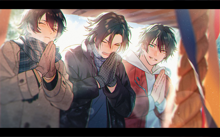 3boys, black_border, black_gloves, black_hair, black_jacket, blue_scarf, blue_shirt, border
