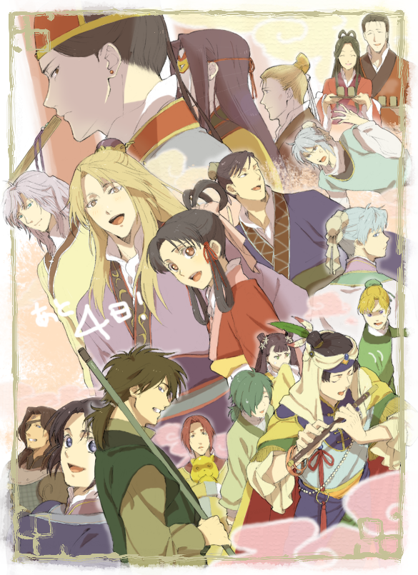 19881214konatu, 3girls, 6+boys, black_hair, blonde_hair, blue_eyes, blue_hair, brown_hair