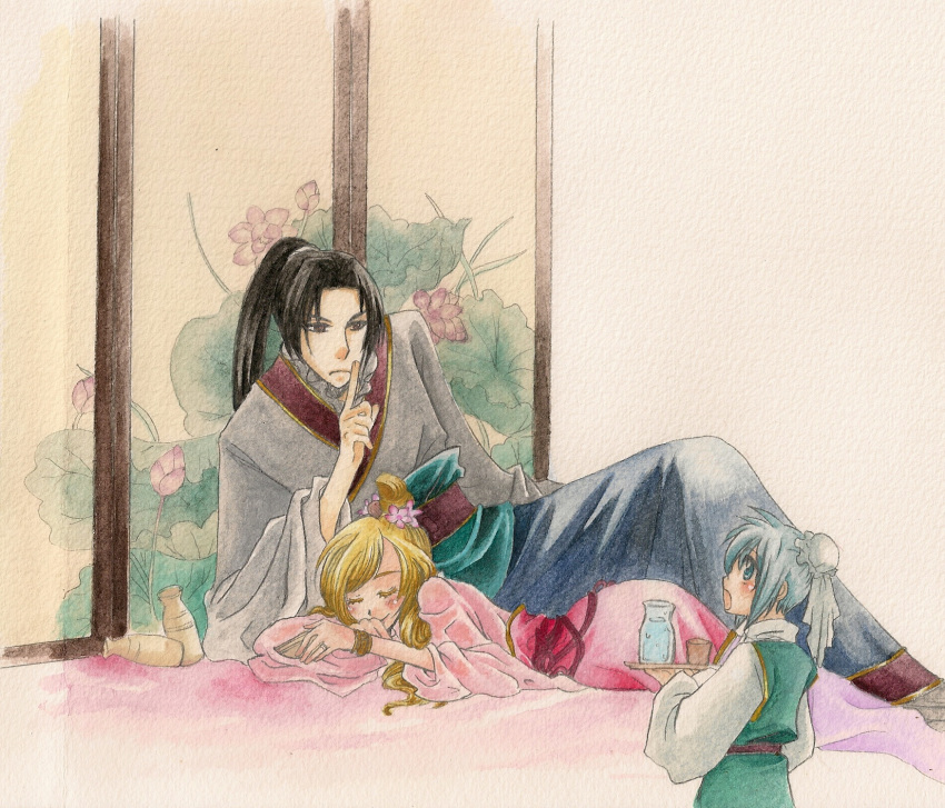 1girl, 2boys, alcohol, black_hair, blonde_hair, blue_hair, bun_cover, chinese_clothes