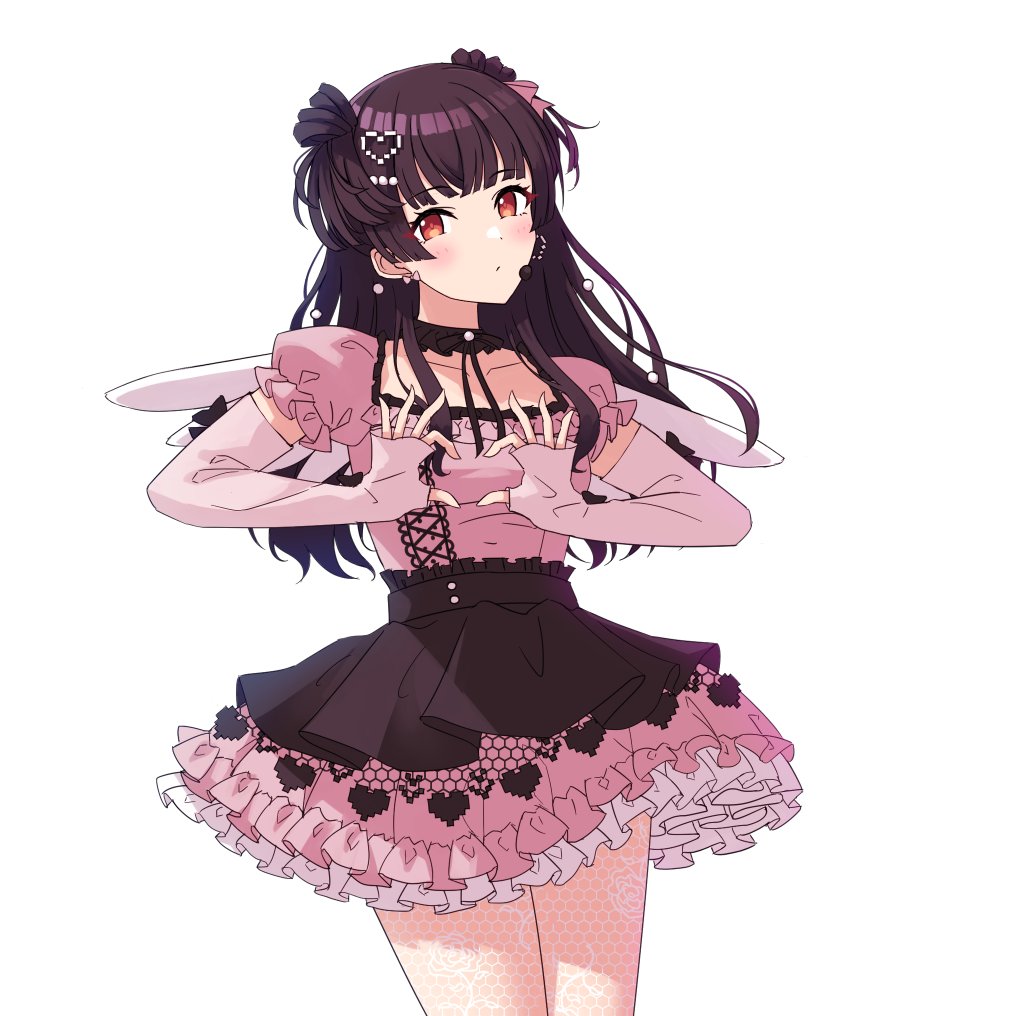 1girl, angel_wings, black_hair, black_ribbon, black_skirt, blush, brown_eyes, collarbone