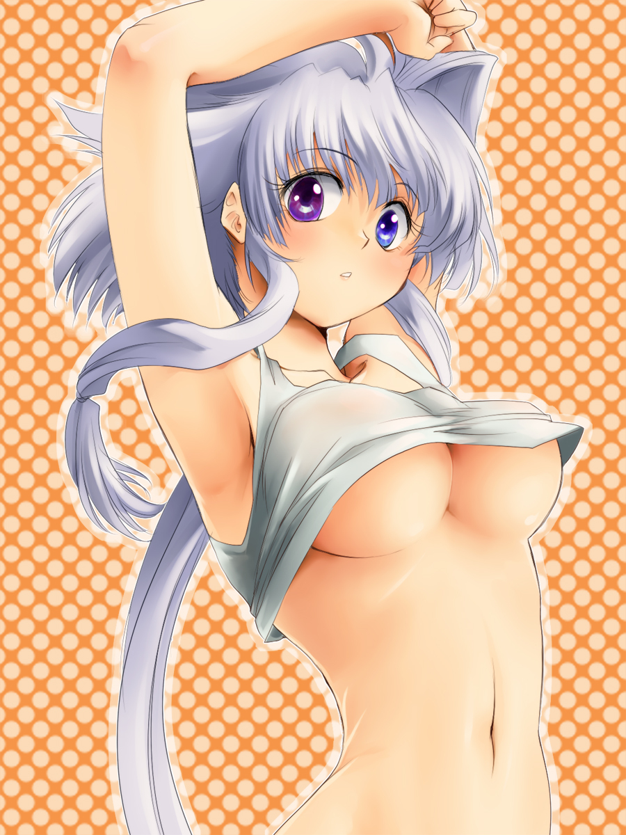 arms_up, blue_eyes, bottomless, breasts, heterochromia, highres, lavolpe_(yagisaka_seto), long_hair