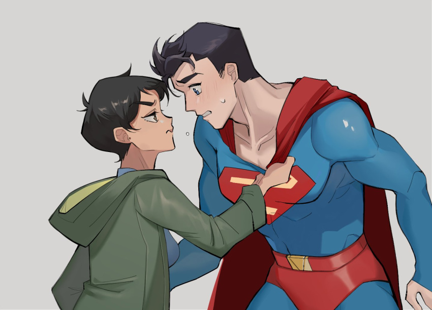 1boy, 1girl, black_hair, blue_eyes, bodysuit, brown_eyes, cape, clark_kent