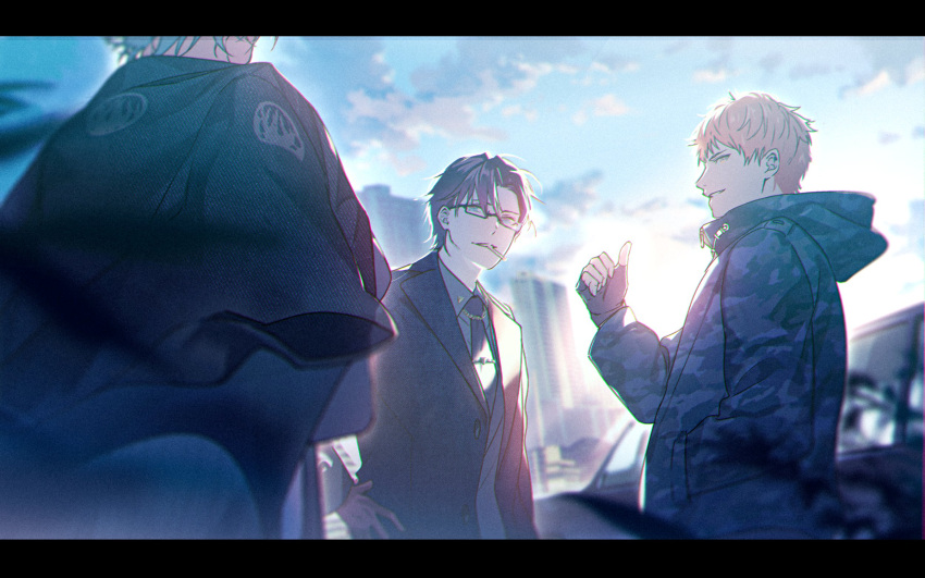 3boys, aohitsugi_samatoki, black-framed_eyewear, black_border, black_gloves, black_jacket, black_necktie, blue_coat, blue_sky, border, brown_hair, busujima_rio_mason, camouflage, camouflage_coat, car, chain, cigarette, cityscape, clouds, coat, coattails, collared_coat, collared_shirt, commentary_request, day, from_behind, from_side, glasses, gloves, gold_chain, grey_eyes, grey_shirt, hand_in_pocket, hand_on_own_hip, high_collar, highres, holding, holding_cigarette, hood, hood_down, hooded_coat, hypnosis_mic, iruma_jyuto, jacket, jacket_on_shoulders, letterboxed, long_sleeves, looking_at_another, male_focus, minami_kazuki_(hanbee), motor_vehicle, mouth_hold, multiple_boys, necktie, open_clothes, open_jacket, open_mouth, orange_hair, outdoors, parted_bangs, shirt, short_hair, sky, smile, sunlight, teeth, thumbs_up, upper_body