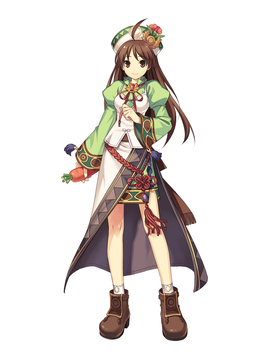 atelier_(series), atelier_viorate_alchemist_of_gramnad_2, brown_eyes, brown_hair, carrot, hat, long_hair, long_sleeves, nippon_ichi, official_art, simple_background, solo, trinity_universe, tsunako, viorate_platane, white_background