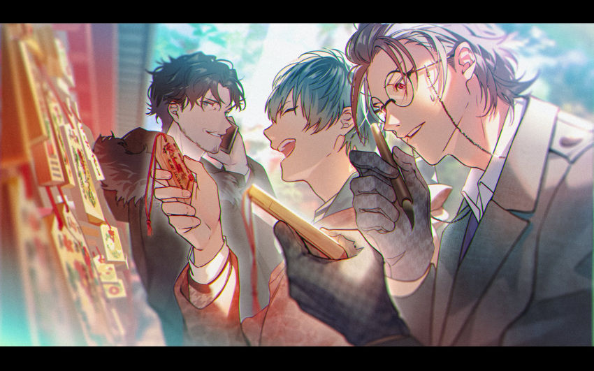 3boys, amayado_rei, beard_stubble, black-framed_eyewear, black_border, black_coat, black_shirt, blue_hair